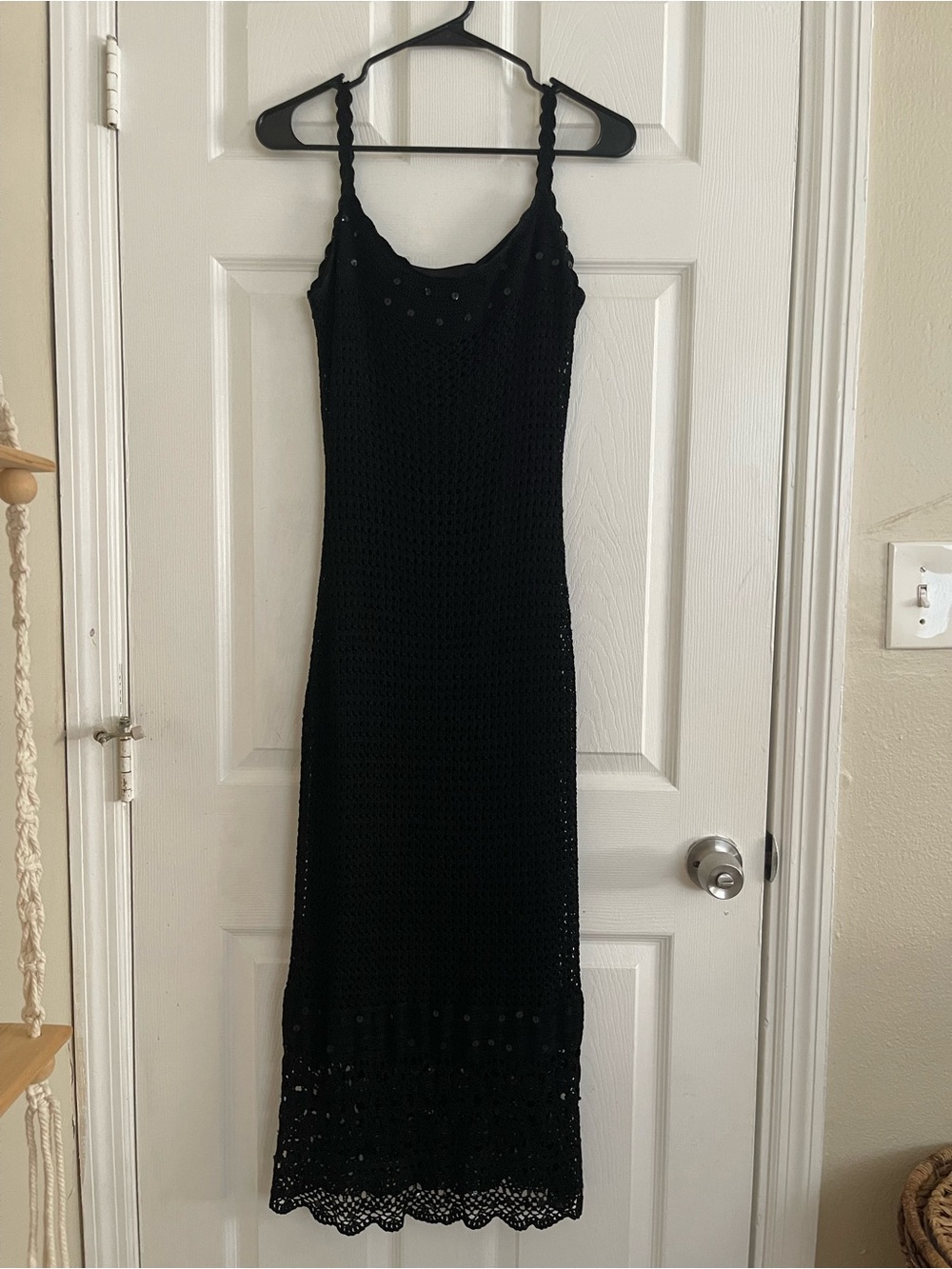 Vintage Black Crochet Maxi Dress with Scallop Hem